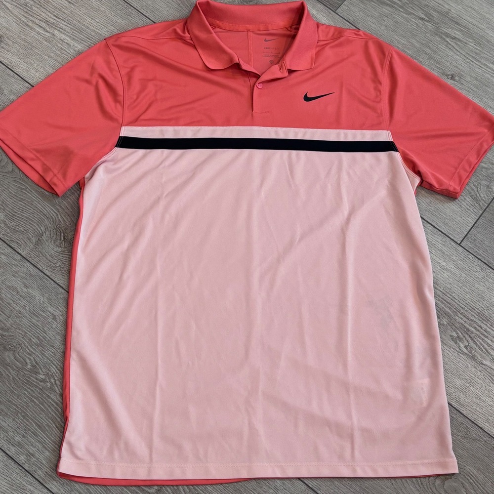 Nike Polo Shirt Mens Large Pink Coral Colorblock Dri-FIT Golf Preppy Casual